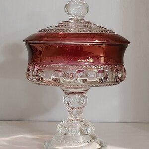Indiana Glass/Tiffin Ruby Red King's Crown Thumbprint Glass Compote With Lid